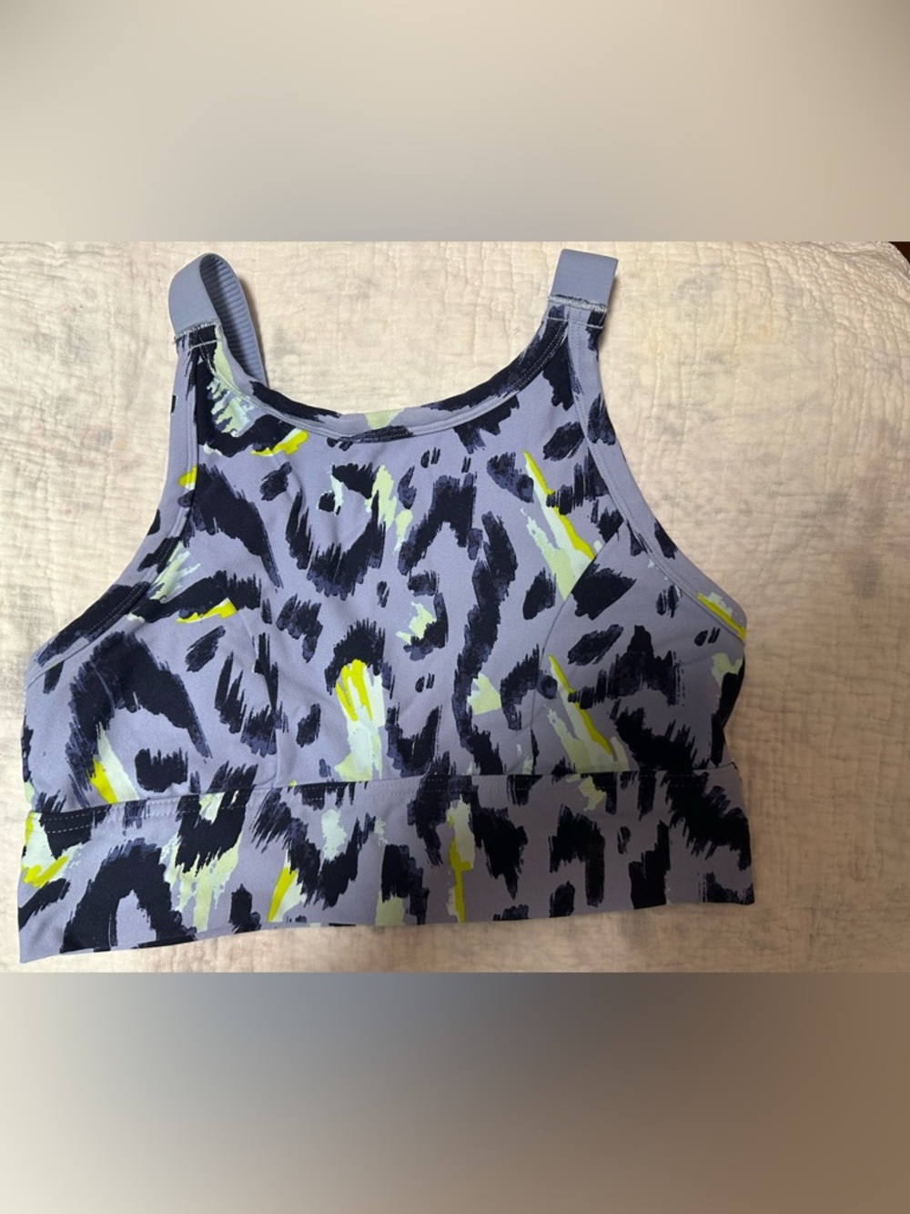 aerie Lavender Abstract Print Sports Bra with Neon Yellow Accents